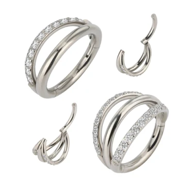 Hot ASTM F136 Titanium Triple Circle Rings avec des zircons pour le nez des femmes Cloué Nombril Anneaux Boucles d'oreilles Piercing Bijoux de corps